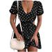 NHT&WT Womens Short Sleeve Polka Dot Dress Wrap Front V-Neck Mini Elegant Sundress