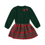 Little Girl's Beautiful Dress Round Neck Long Sleeve Stitching Knitted Plaid Skirt for Vacation Holiday Party Photography