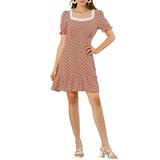 Allegra K Women's Dots Print Square Neck Ruffle Hem Above Knee Casual Dress