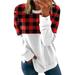 Avamo Womens Buffalo Plaid Shirts Round Neck Check Pattern Stitching Pullover Casual Long Sleeve Tops