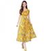 Wisremt Long Summer Floral Dress Women Flower Print Casual Scoop Neck Dress Short Sleeve Office Ladies Elegant Vintage Boho Party Dress Yellow S