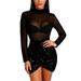 Musuos Women Hip Dress Sequin Mock Neck Long Sleeve Back Mesh Slim Dress