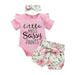 GRNSHTS Newborn Baby Girl 3PCS Clothes Letter Print Ruffle Romper Bodysuit Floral Pants Bowknot Headband Outfits