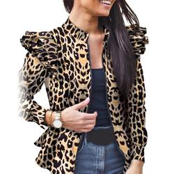 ESSEN Coat Women Stylish Long Sleeve Leopard Camouflage Zip Ruffled Hem Slim Jacket Coat