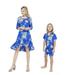 Matching Mother Son Hawaiian 3/4 Sleeve Mermaid Ruffle Dress Shirt in Hibiscus Blue