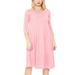 Women's Casual Loose Fit 3/4 Sleeve Round Neck Jersey Knit A-Line Solid Midi Dress Made in USA