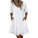 Avamo Women Cute Mini Dress With Pockets Ruffle Short Sleeve V Neck Swing Tunic Dress Summer Casual Printed Sundress