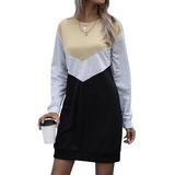 ZXZY Women Tricolor Spliced Crew Neck Long Sleeves Casual Mini Dress