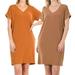 Women & Plus Rolled Short Sleeve V-Neck Tunic Midi Dress (ALMOND/COCOA, Medium)