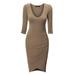 MBJ WDR940 Womens Deep V Neck 3/4 Sleeve Tulip Bodycon Dress S TAUPE