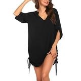 UKAP Women Boho Summer V-Neck Beach Sun Dress Holiday Party Adjustable Sleeve Mini Dresses Black XXL(US 20-22)