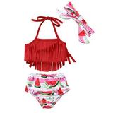 Styles I Love Infant Baby Girls Red Fringe Watermelon Bikini Swimsuit and Headband 3pcs Set Bathing Suit Beach Swimwear