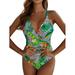 Women Floral Print Open Back Crossover One Piece Swimsuit