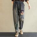 Meterk Women Vintage Denim Pants Girl Feather Applique Pocket Elastic Waist Loose Casual Autumn Pants