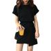 Women Fashion Lace Up Solid Dress Casual O-Neck Short Sleeve Elegant Party Dresses Female Summer Black Mini Dress