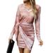 LilyLLL Women Casual Tie-Dyed Printed V Neck Long Sleeve Lace Up Mini Dress