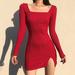 Women's Trend Long Sleeve Square Collar Split Dress Solid Color Sheath Casual Party Mini Sheath Dress