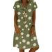 Plus Size Women Cotton Linen Loose Tunic Dress Summer Beach Baggy Kaftan Dresses Ladies Casual Floral Printed V Neck Midi Dress Short Sleeve Oversized Shirt Dress