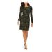 VINCE CAMUTO Womens Green Glitter Animal Print Long Sleeve Jewel Neck Above The Knee Sheath Cocktail Dress Size 6