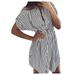 Tailored Fashion Women Drawstring Bandage Short Sleeve Stripe Print Lapel Shirt Dress