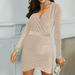 Women Dress Fashion Pure Color V-neck Sequins Long Sleeve Party Mini Dresses