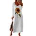 Niuer Casual Split Maxi Dress for Women Holiday Beach Party Crew Neck T Shirt Dress Daisy Print Floral Baggy Crewneck Dresses