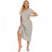 Women's Summer Cotton Striped Mid-Calf Long Nightdress Summer Cotton Short Sleeve Homewear