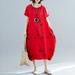 Women Vintage Loose Dress Short Sleeves Dot Print Baggy Plus Size Cotton Linen Casual Dress