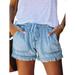 Sexy Dance Women Oceanside Beach Denim Shorts Ladies Fashion Retro Lace Up Hot Pants Mid Waist Beachwear Tassel Jeans Shorts with Four Pockets Light Blue S(US 2-4)