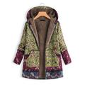 Women Winter Coat Floral Printed Hooded with Pockets Warm Fleece Button Coat Long Sleeve Jacket