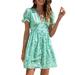 Niuer Summer Beach Sundress For Women Floral Printed Short Sleeve High Waist Dress V Neck Buttons Decor Boho Mini Dresses