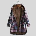 Meterk Women Vintage Loose Hooded Coat Floral Printed Fleeces Lining Buttoned Plus Size Winter Warm Parka Casual Long Coat Outwear