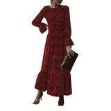 Avamo Women's Floral Print Long Sleeve Empire Waist Pleated Long Maxi Dress Elegant Pleated Ruffle Hem Evening Dress For Lady Flare Sleeve Cocktail Party Vintage Swing Dress