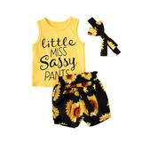 Kids Baby Girls Organic Cotton Sunflower Sleeveless Vest Tops + High Waist Shorts Pants with Headband Baby Summer Clothes Set