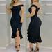 Women Fashion Solid Dress Plain Cold Shoulder Ruffle Loose Hem Slit Dress