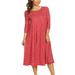 Women's Casual Loose Fit Scoop Neck 3/4 Sleeve Polka Dot Patterned A-Line Midi Dress Made in USA