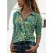 Women's Polo T-shirt Retro Print Half Zip V-Neck Long Sleeve Plus Size Tops Tees Casual Slim Lady Street Green Blue Tee