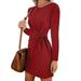 Women Tie Front Long Sleeve Mini Dress Casual Loose Cotton Shirt Dress Ladies Round Neck Solid Short Mini Dresses