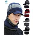 Deago Unisex Winter Beanie Hat Scarf Set Warm Knit Hat Thick Fleece Lined Billed Beanie with Brim Cap for Men Women (Gray)