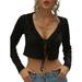 Seyurigaoka Women's Sexy Solid Crop Top Ruffled Deep V-neck Long Sleeve with Front Lace-up