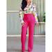 Jocestyle High Waist Women Wide Legs Pants Elastic Solid Long Trousers (Rose M)