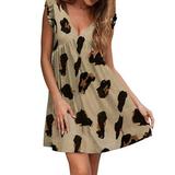 Ladies' Summer V-Neck Short-Sleeved Leopard Print Dress Loose Lotus Short Sleeve Pleated Dress