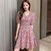 Women's V-Neck Tight Waist Skirt Floral Print Fashion Fresh Short Sleeve Elegant A-Line Dress, M Purple