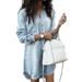 Women Long Sleeve Casual Denim Mini Shirt Dress Ladies Long Lapel V Neck Blouse Tassel Denim Top T-Shirt Button Boyfriend Shirt Mini Dress Baggy Loose Long High Low Top Blouse