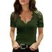 Sacredtree Summer Women's Deep V-Neck Lace Collar Short-Sleeved Casual Slim Upper Outer Garment Ladies T-Shirt Black/Green/Red 4 Size