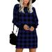 Women Babydoll Dress Plaid Party Dress Crew Neck Shift Dress Short Dress