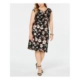 CONNECTED APPAREL Womens Black Floral Short Sleeve Jewel Neck Below The Knee Sheath Wear To Work Dress Size 24W