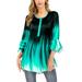 Plus Size Women Tie-Dye Print Tunic Tops Ladies 3/4 Bell Long Sleeve Ruffle Henley Tunic Blouse Casual Irregular Hem Long Blouse Shirt Autumn Vintage Kaftan Pullover Henley Shirts Blouse