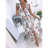 dresses summer dress for women Womens Fashion Maxi Sexy Strap Floral Chiffon V Neck Floral Print Long Dress