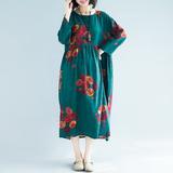 Tomshoo Ethnic Women Dress Cotton Linen Colorful Floral Plaid Print High Waist Pocket Baggy Maxi Gwon One-Piece